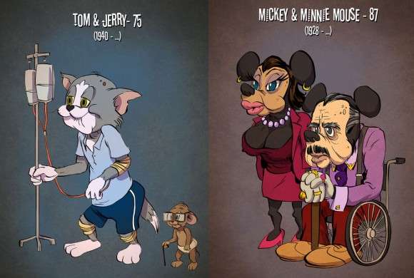 キャラクターたちも高齢化社会。ミッキーマウスなど、アメリカの人気キャラクターを実年齢で描写