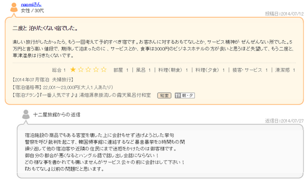 じゃらん口コミ・評判に「二度と泊りたくない宿でした」→宿代踏み倒した酷いクレーマーだった！