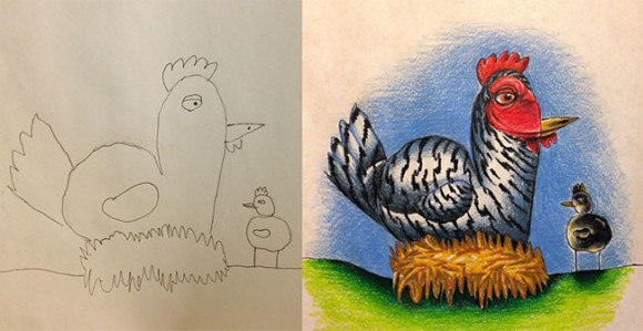 父と子供の心温まる交換絵。鉛筆で描いた子供の絵を出張中に着色して完成させるお父さん : カラパイア