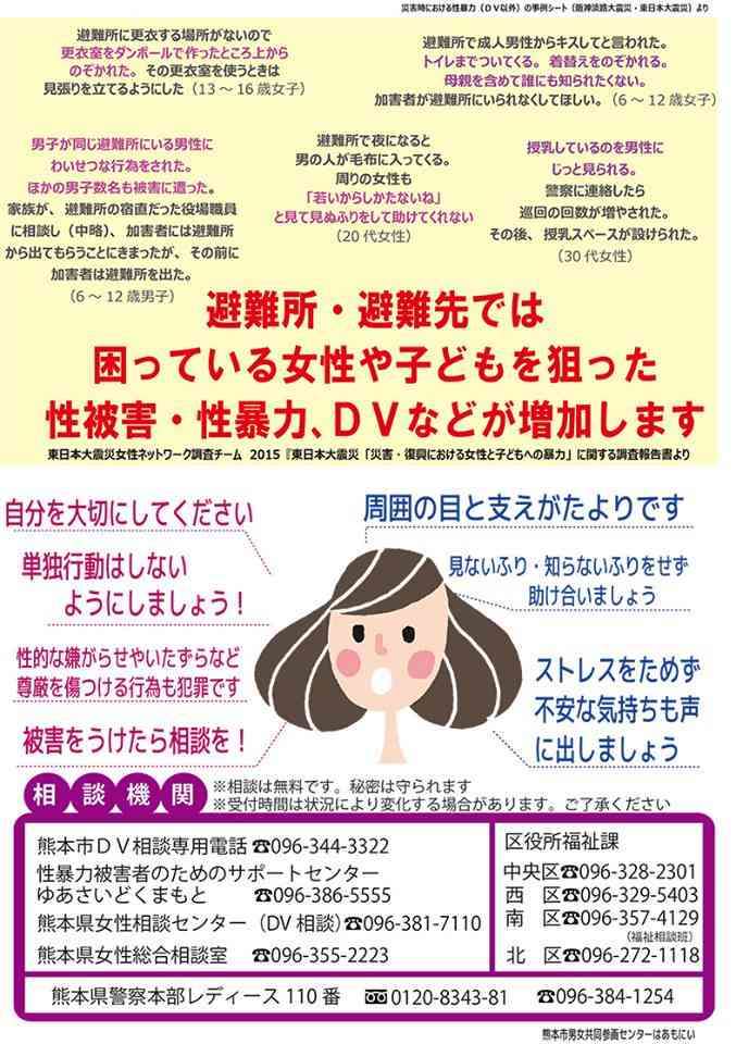 避難所では性暴力やDVが増加　熊本市男女共同参画センターが注意喚起