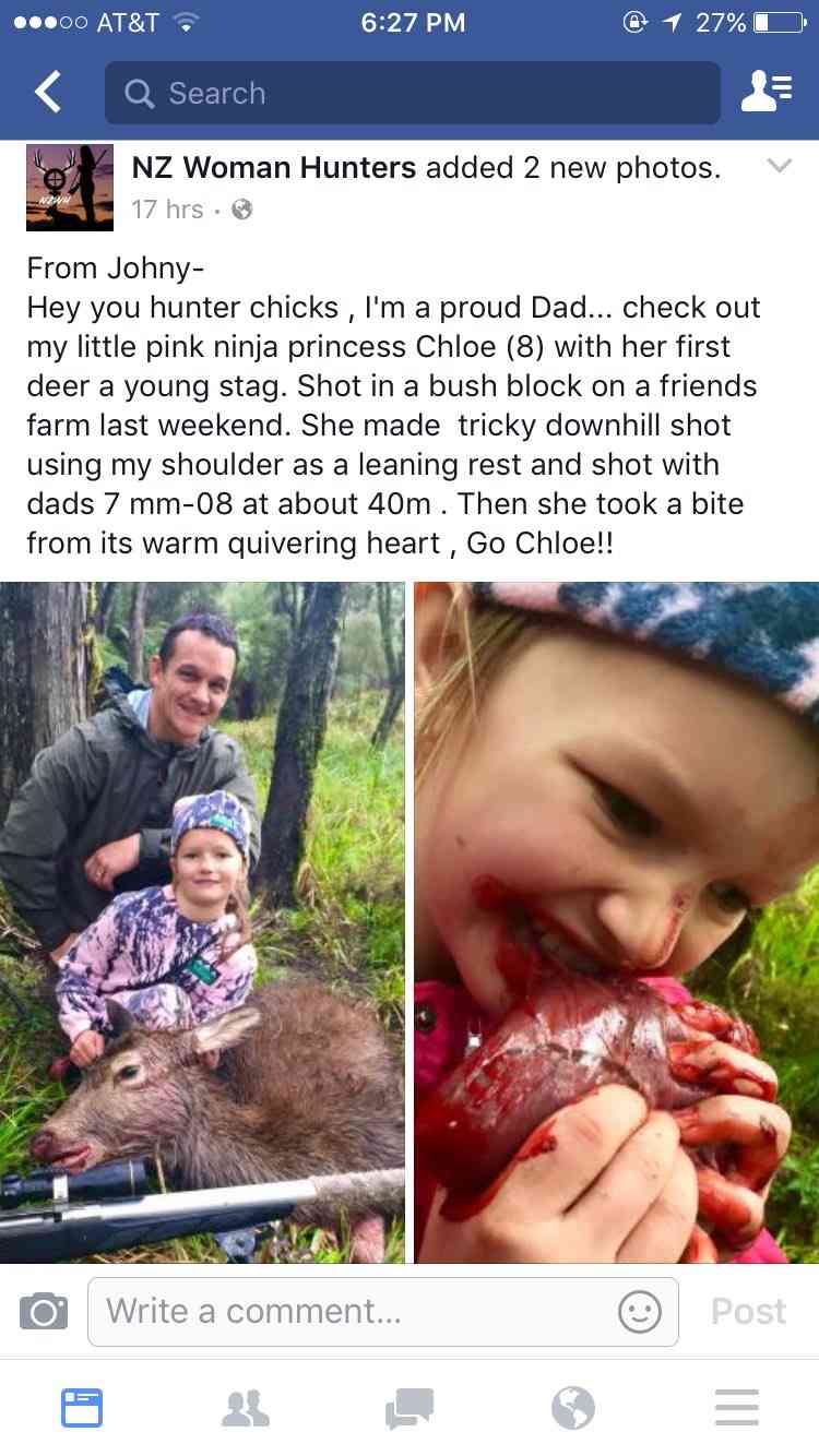 【閲覧注意】8歳の女の子、狩で仕留めた鹿の心臓を丸かじり!?その写真を父親がFacebookに投下し大炎上