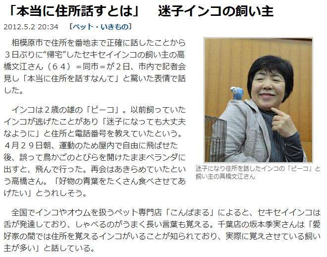 インコ４羽、ゴミ集積所で保護　名古屋、港署「捨てた可能性が高く残念。生き物には命がある。持ち主は名乗り出て」