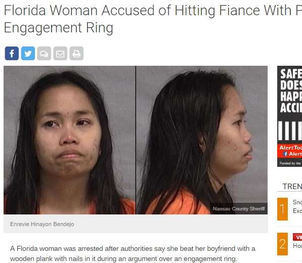 「婚約指輪が安っぽい」25歳女、クギの出た棒で婚約者を叩き逮捕（米）
