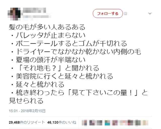 髪の毛が多い人あるあるツイートに共感続出!「ポニーテールするとゴムが千切れる」「美容院で髪を延々と梳かれる」