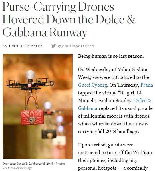 【海外発！Breaking News】ファッションモデル失業の危機？　「D＆G」ショーでドローンがバッグを吊るしランウェイを舞う（伊） | Techinsight（テックインサイト）|海外セレブ、国内エンタメのオンリーワンをお届けするニュースサイト
