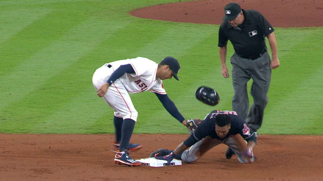CLE@HOU: Ramirez's helmet slides safely with him - YouTube