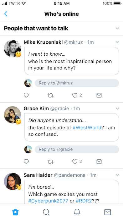 Twitter、オンライン状態表示や「会話したがっているユーザー一覧」など新機能を予告。テスト参加者を募集