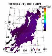  GEONET 準リアルタイムGPS全電子数マップ (最新6時間、10分間隔)