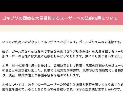 ガールズちゃんねるに「不快なG画像」大量投稿、運営がユーザーへの法的措置決定