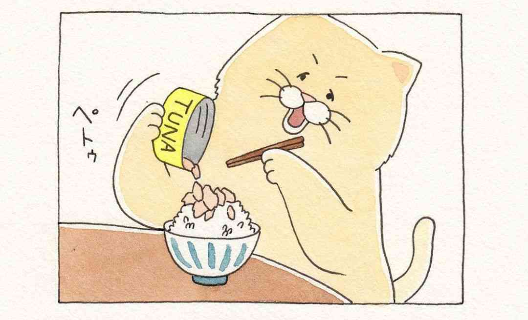 キューライス on Instagram: “4コマ漫画ネコノヒー「まぜ」/Tuna and rice小さい頃からキューライスはこれが好き。マヨネーズは入れない。#ネコノヒー #キューライス”