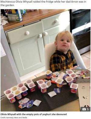 10分で18個のヨーグルトを食べた3歳女児　父親が目を離した隙に（英）