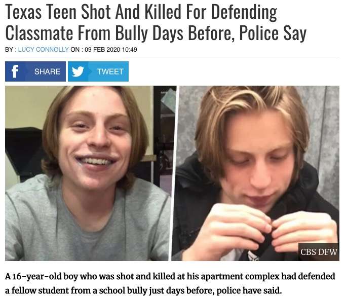 いじめられている同級生を救った16歳少年、逆恨みされ銃で殺害される(米)