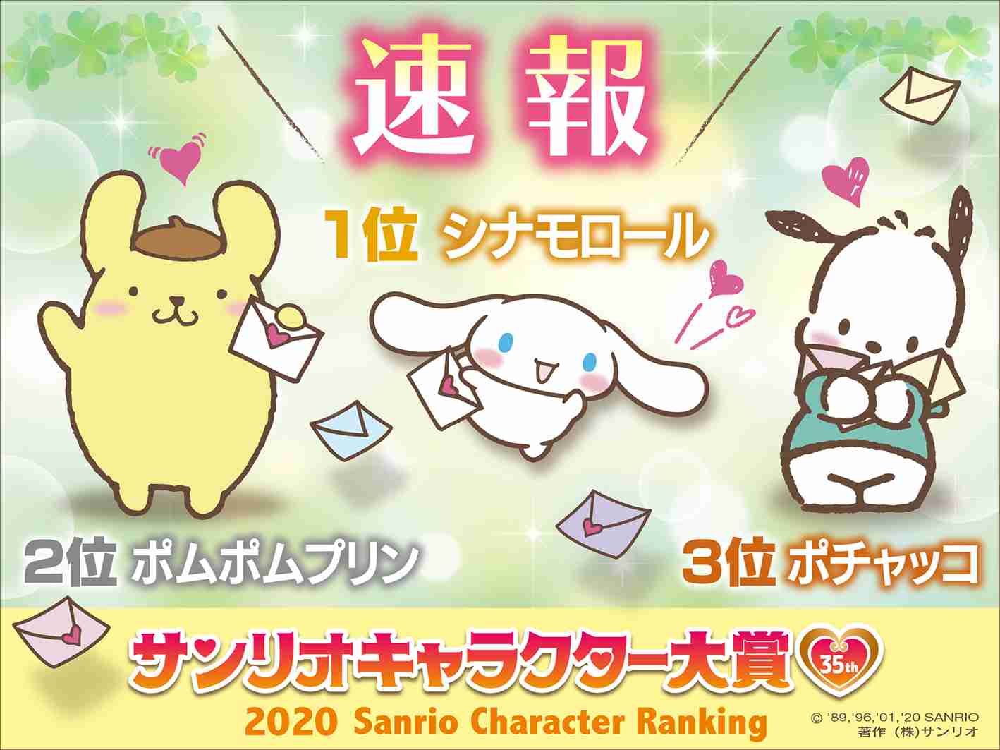 『サンリオキャラクター大賞』、速報トップにシナモロール 2位はポムポムプリン ポチャッコが3位と好発進