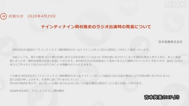 岡村隆史さん ホームページでラジオ番組の発言を謝罪 | NHKニュース
