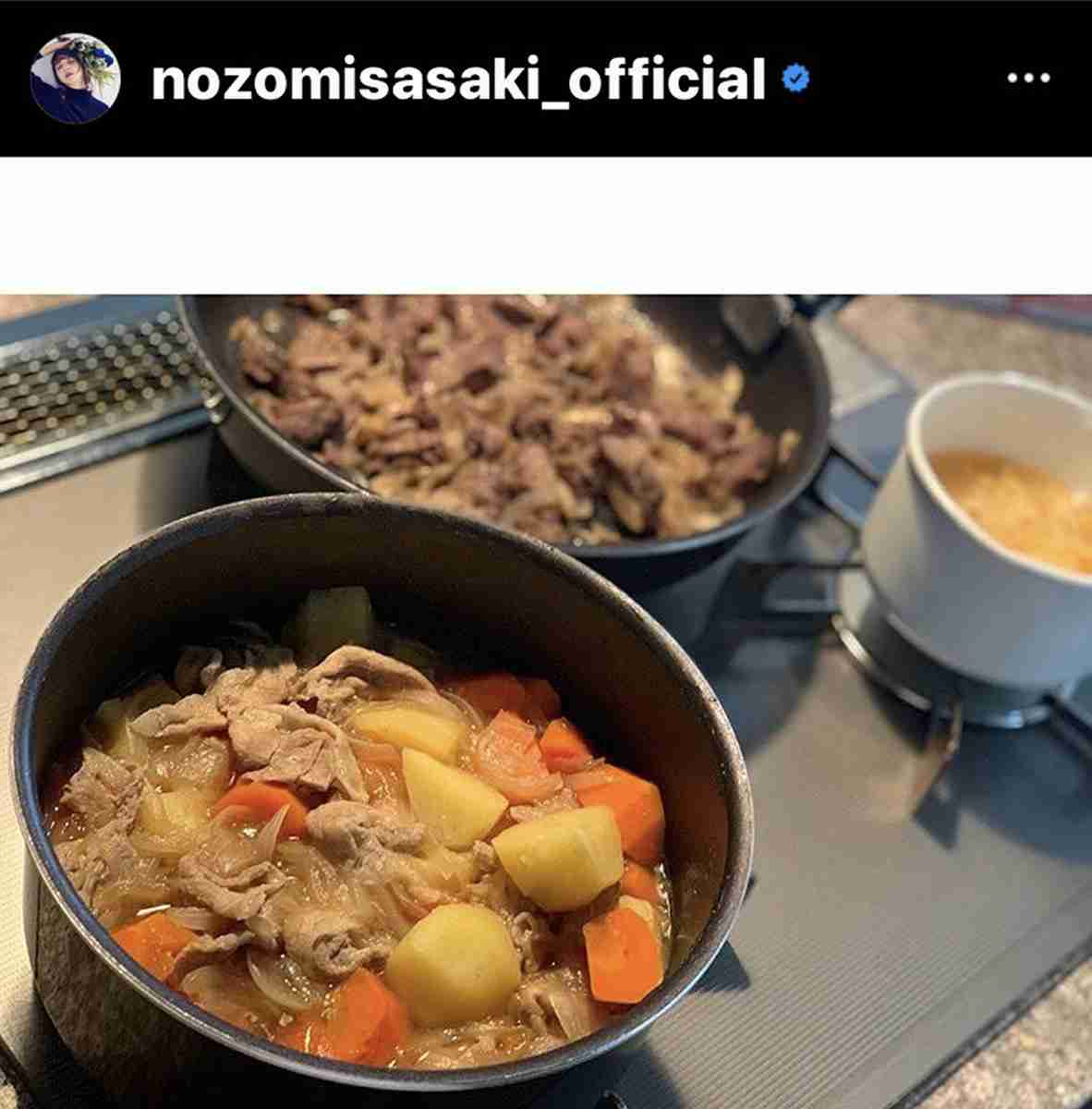 佐々木希のアツアツ肉じゃがに「旦那さんが羨ましい」「お肉は牛肉？豚肉？」の声