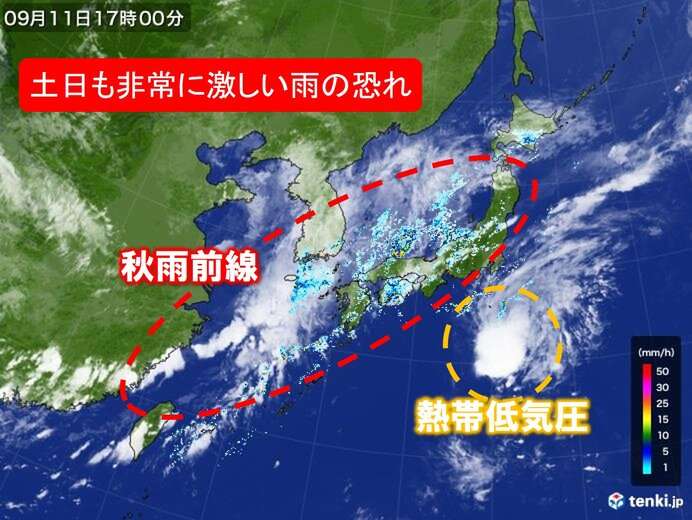 秋雨前線と熱帯低気圧　土日も局地的な大雨に警戒　非常に激しい雨の恐れ(日直予報士 2020年09月11日) - 日本気象協会 tenki.jp