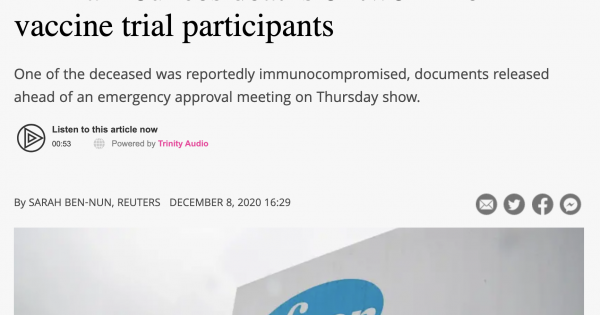 BREAKING:  FDA announces 2 deaths of Pfizer vaccine trial