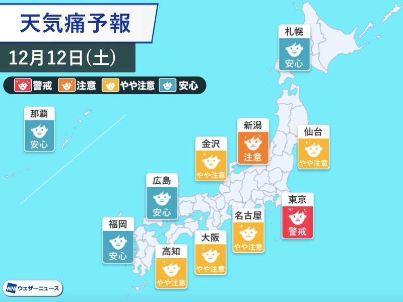 「天気痛」（気象病）予報　明日12日(土)は東京で頭痛など“天気痛”に警戒 - ウェザーニュース
