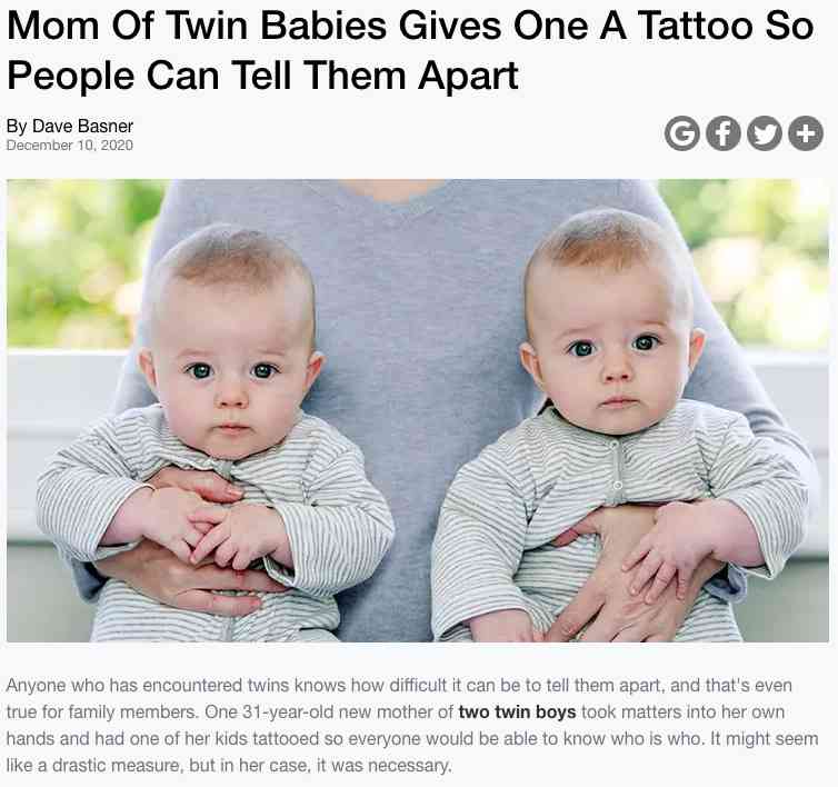 【海外発！Breaking News】双子の1人に見分けがつくようタトゥーを入れた母親「子供達の安全のために必要な予防措置」 | Techinsight（テックインサイト）|海外セレブ、国内エンタメのオンリーワンをお届けするニュースサイト