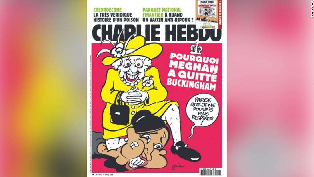 「英女王の膝で首を押さえつけられたメーガン妃」　シャルリー・エブド風刺画が物議