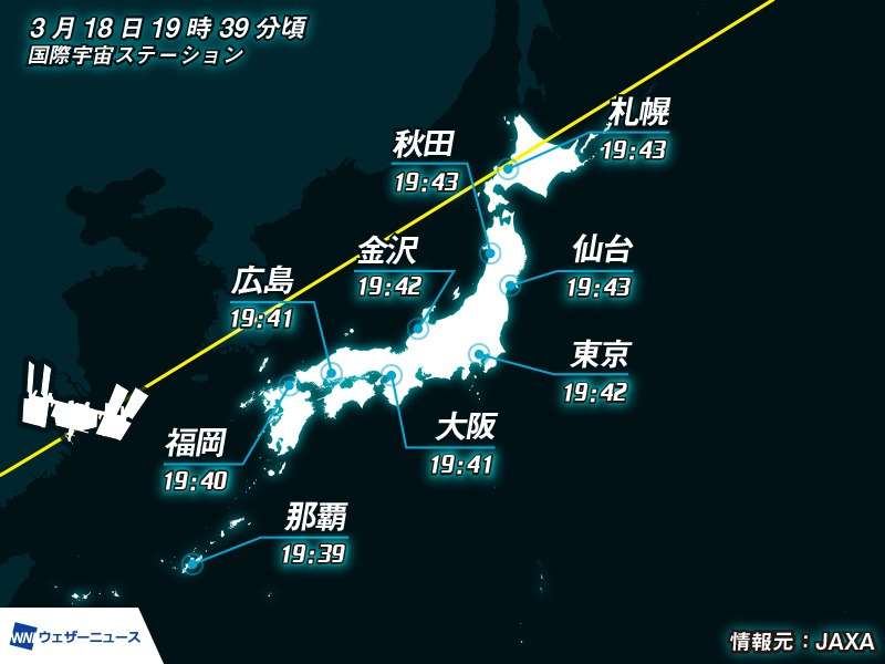 国際宇宙ステーション(ISS)／きぼう　今日19時半過ぎに日本上空を通過　野口聡一さん滞在 - ウェザーニュース