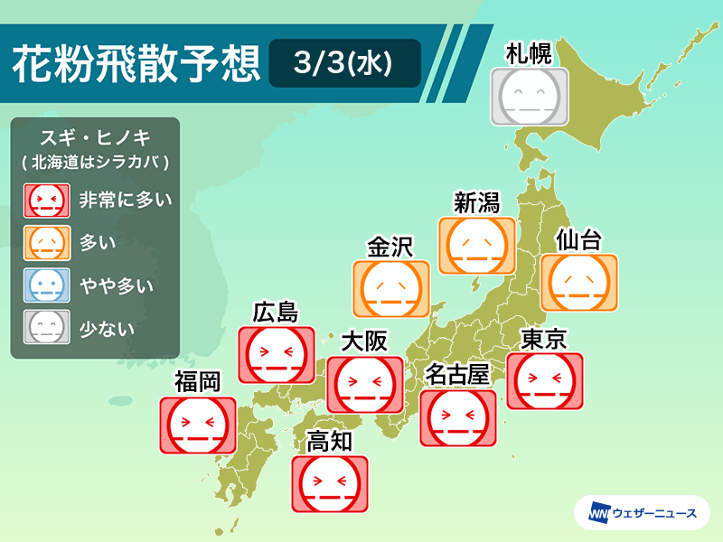 関東では朝から花粉光環が出現　雨上がり＋強風で大量飛散のおそれ