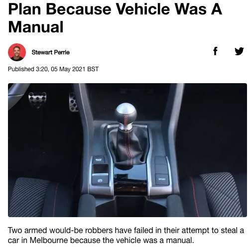 【海外発！Breaking News】武装した強盗犯、奪おうとした車がマニュアル車で運転できず？　あえなく退散（豪） | Techinsight（テックインサイト）|海外セレブ、国内エンタメのオンリーワンをお届けするニュースサイト