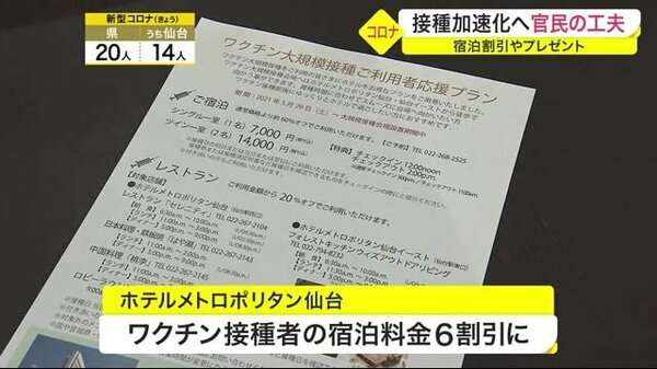 ワクチン接種で宿泊料金６割引きや地場産品などプレゼントも　宮城県内 接種加速化へ官民の工夫