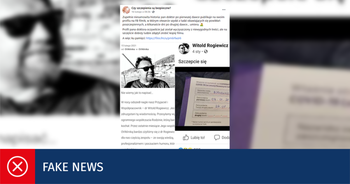 Dr Witold Rogiewicz nie zmarł przez szczepionkę przeciw COVID-19