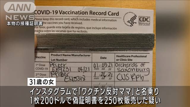 「ワクチン反対ママ」を起訴　偽の証明書販売か　NY