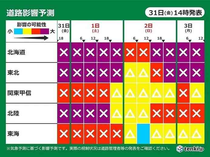 寒波による「道路影響予測」元日の午前中にかけて大雪のピーク　3日以降も注意
