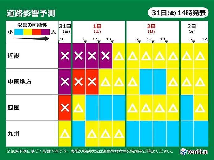 寒波による「道路影響予測」元日の午前中にかけて大雪のピーク　3日以降も注意