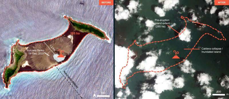 トンガ火山、英女性の遺体発見　噴火後の衛星写真では陸地が消滅