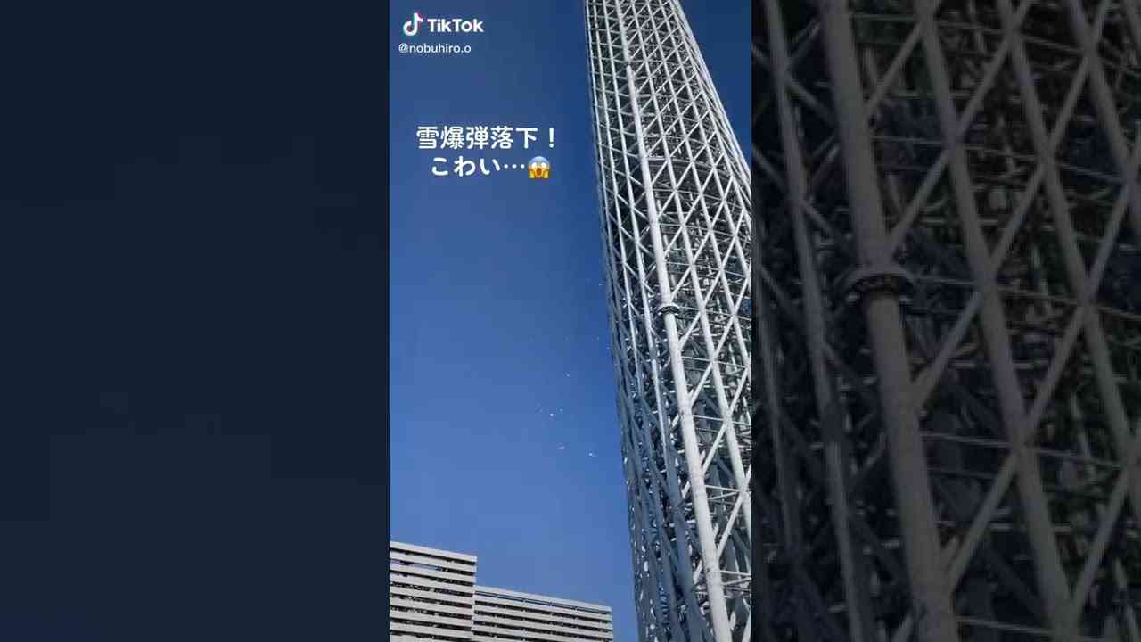 あぶない！ スカイツリーから雪塊が剥がれ落ち、歩行者の目の前に落下する瞬間 - YouTube