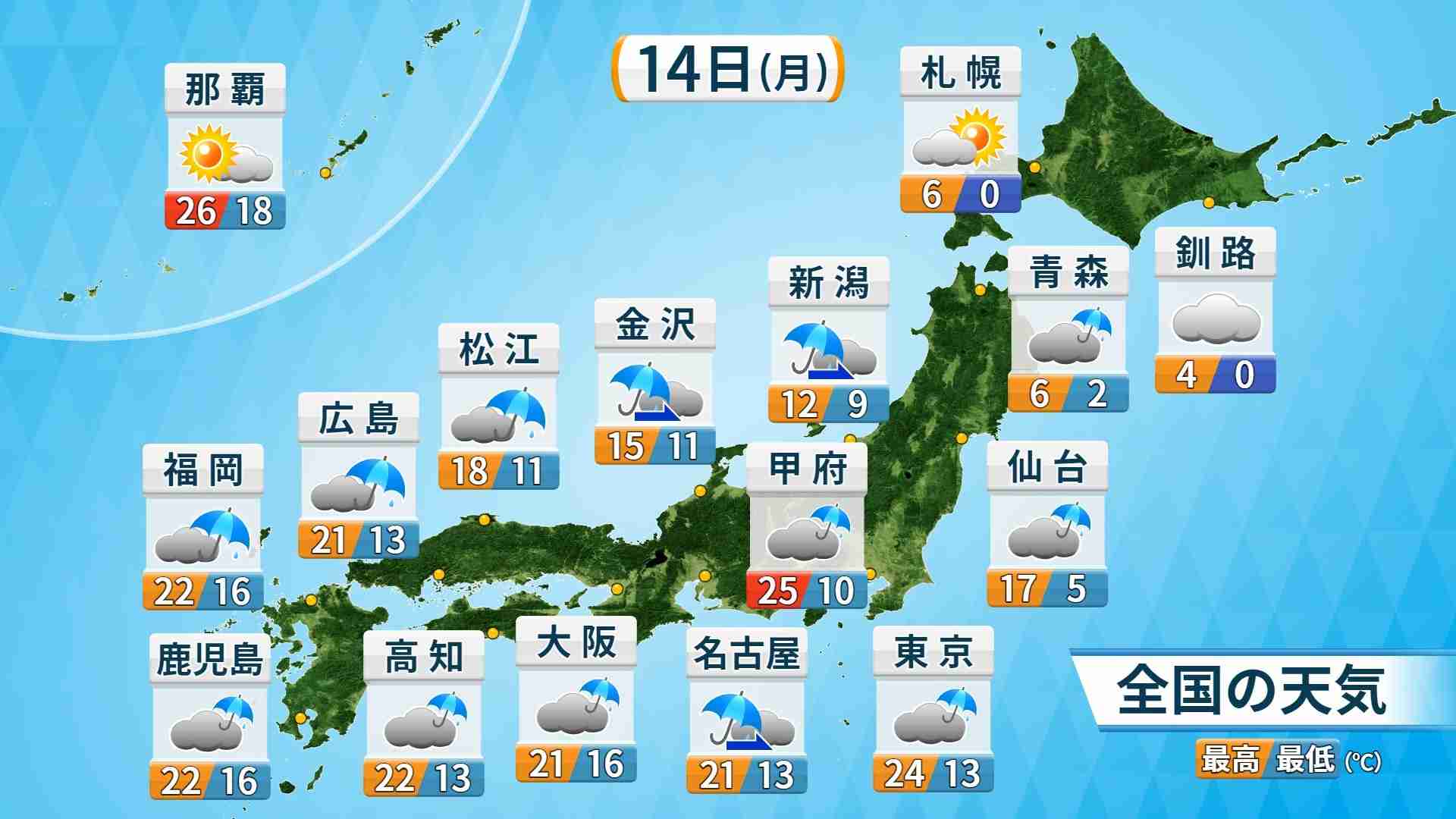 14日（月）にかけ大気不安定　暖気流入で関東甲信中心に夏日の可能性（ウェザーマップ） - Yahoo!ニュース