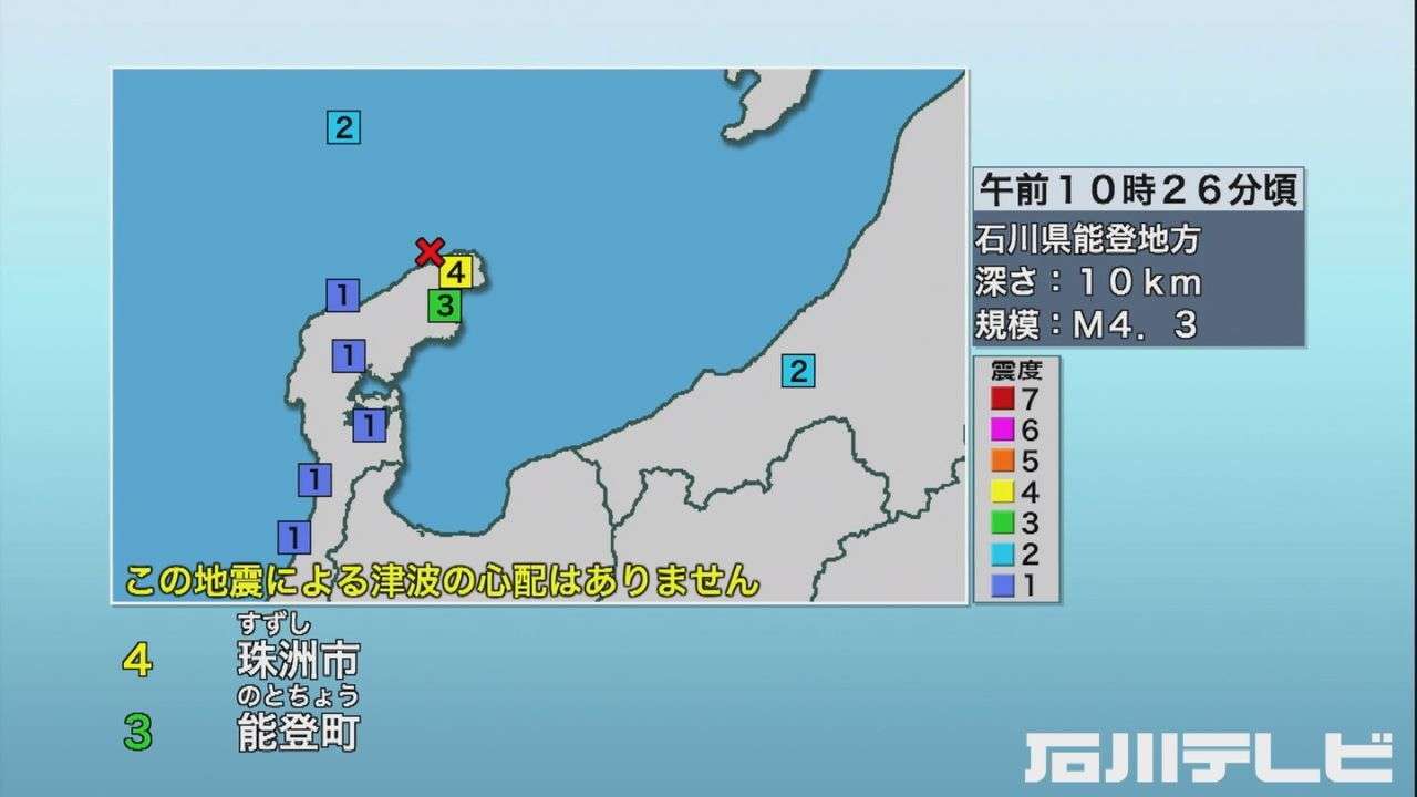 今年有感地震が37回…石川・珠洲市で1時間に震度4から2が3回 専門家「M6-7起こり得る」（石川テレビ） - Yahoo!ニュース
