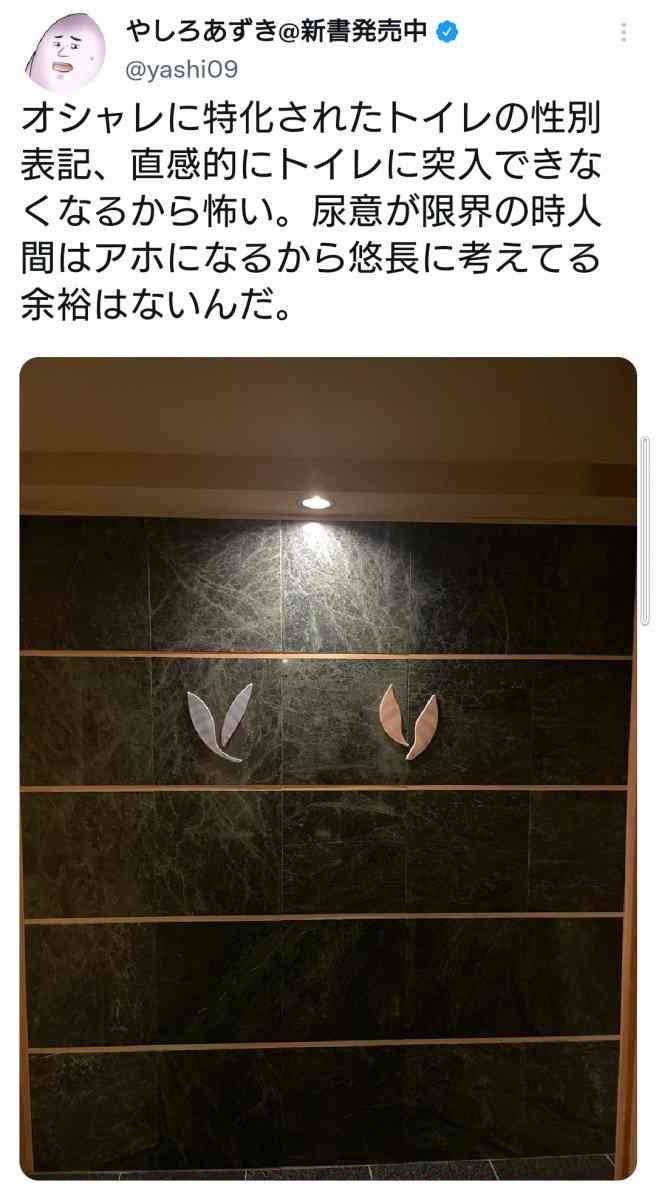 「どっちかわからん」「色覚異常の人だと識別できないのでは」　オシャレ特化トイレの性別表記ツイートに「怖い」の声多数 ｜ ガジェット通信 GetNews
