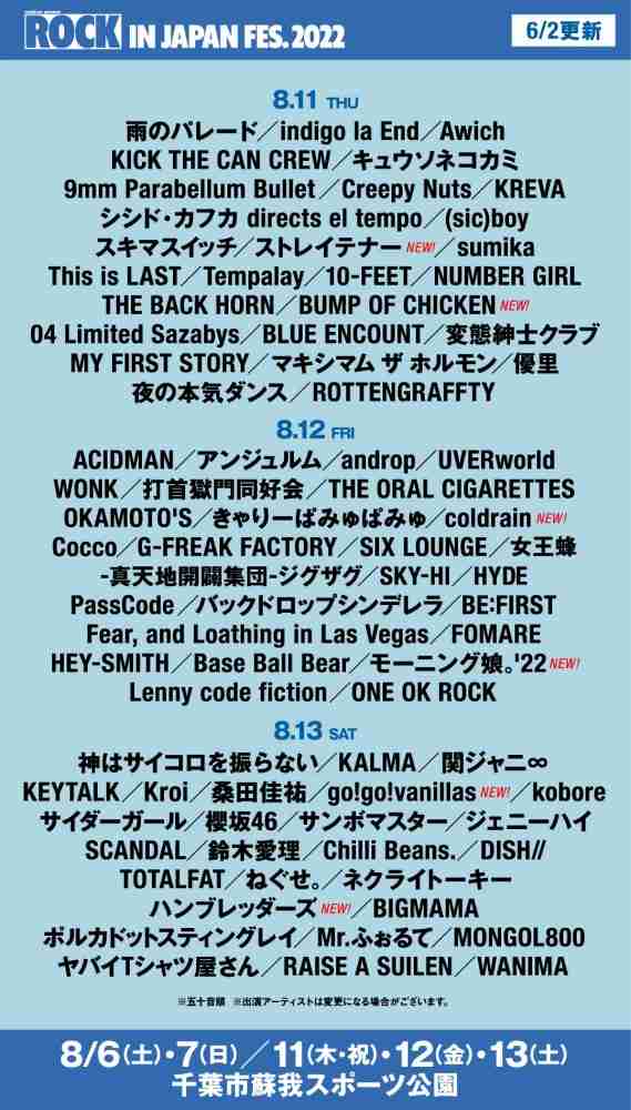 『ROCK IN JAPAN FESTIVAL 2022』バンプ、モー娘。ら12組を追加 全出演アーティスト出揃う