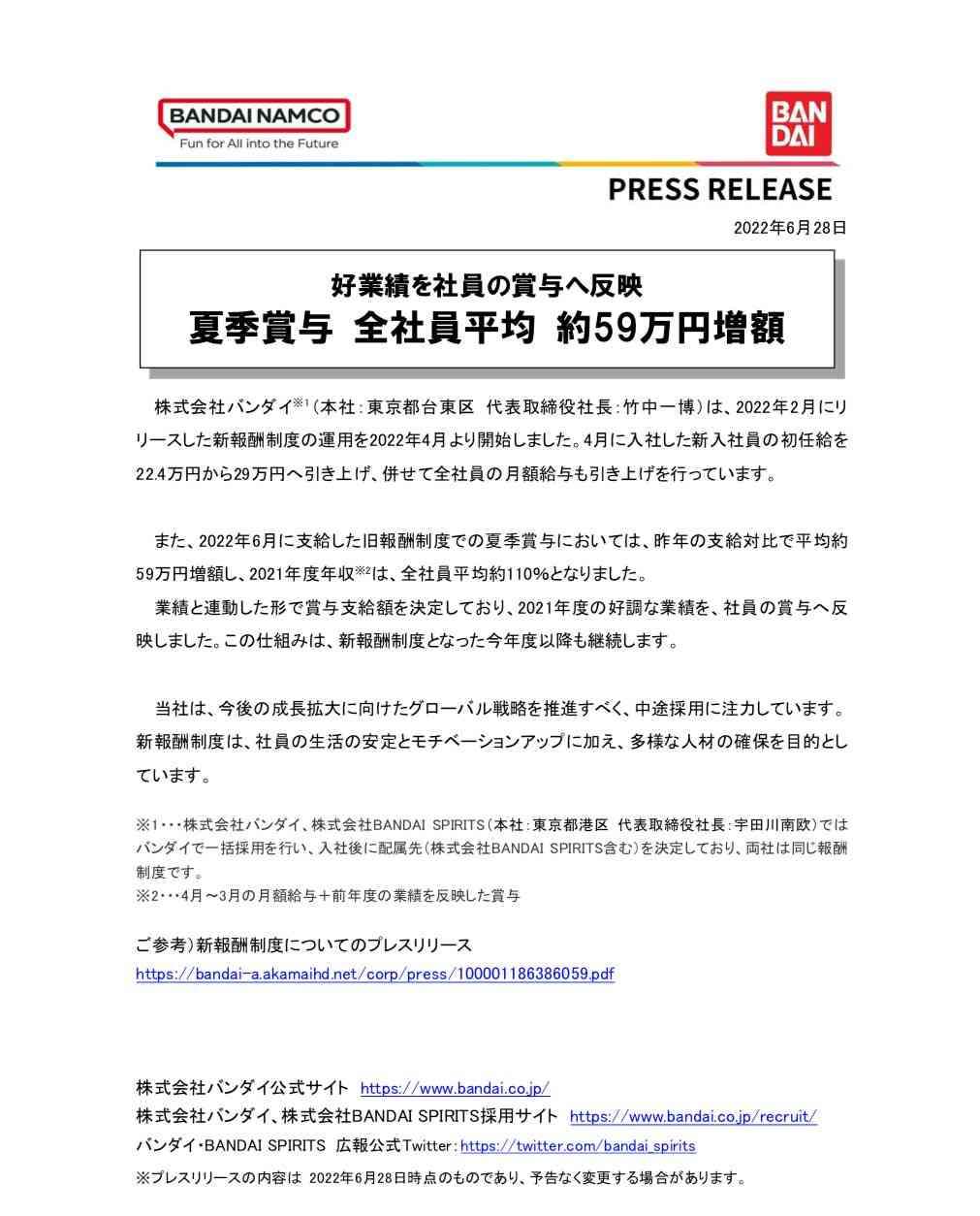 バンダイ、夏のボーナス平均59万円増額　新報酬制度と好業績で　年収は平均110％に