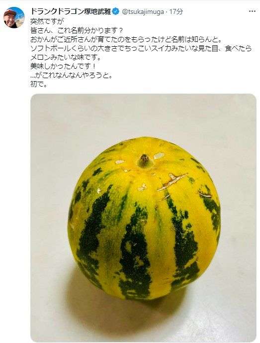 謎のフルーツに遭遇!  ドランクドラゴン塚地武雅「名前分かります?  食べたらメロンみたいな味、美味でした」