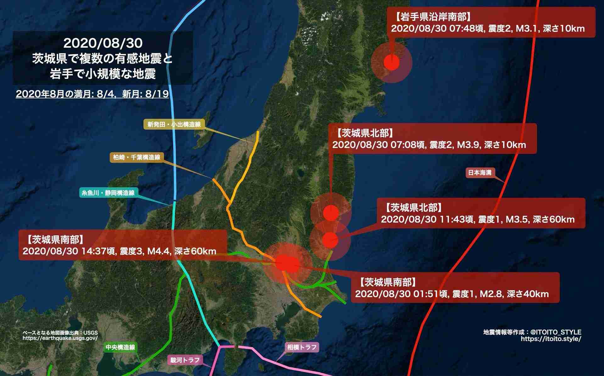 【東日本】茨城県で複数の有感地震と岩手で小規模な地震（2020/08/30） | itoito.style