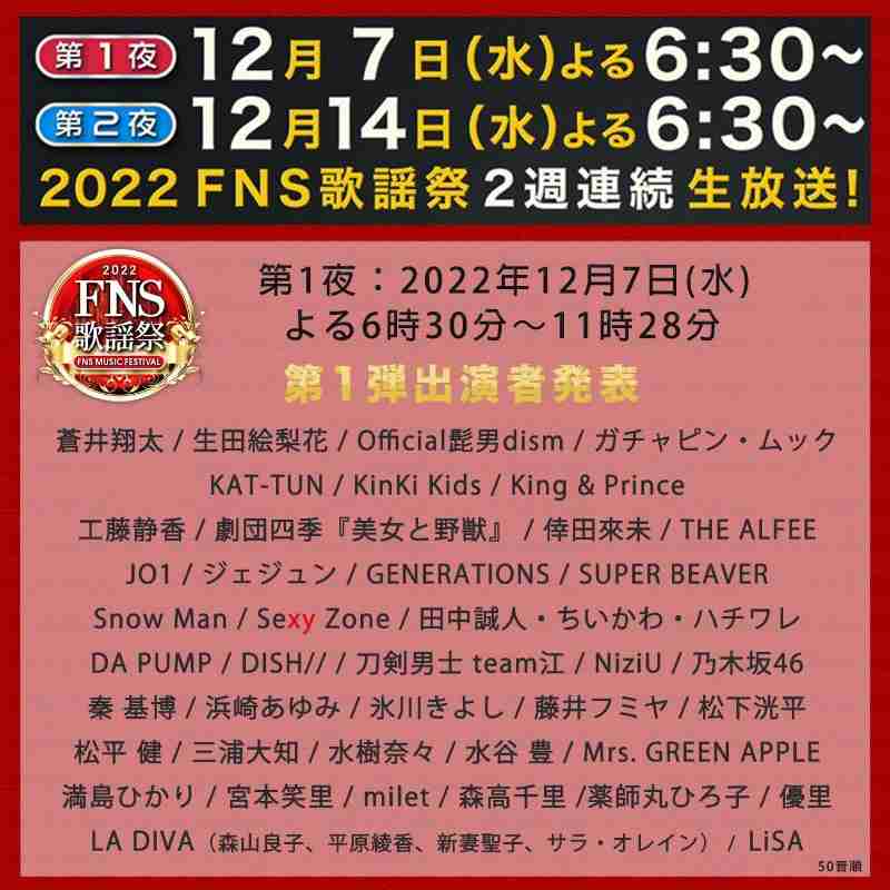 「FNS歌謡祭」第1弾でジャニーズ9組、aiko、ヒゲダン、ウタ、宮本浩次、JO1、NiziU、ミセスら65組