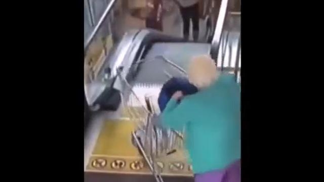 Grandma a shopping cart and an escalator...how can this happen?