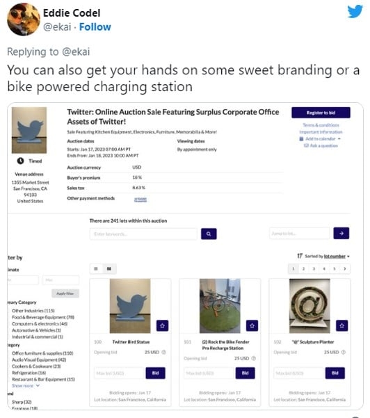 米ツイッター、本社の備品を競売に