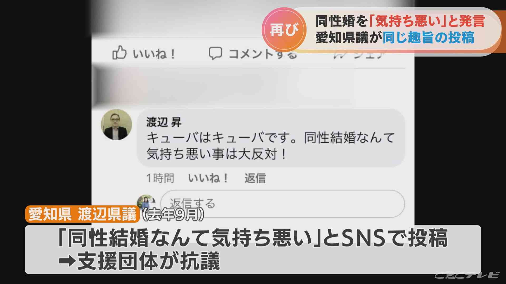 「同性婚 気持ち悪い」コメントを謝罪した渡辺昇愛知県議が再び…「まともな人が思うことをありのままにSNSに投稿しただけ」