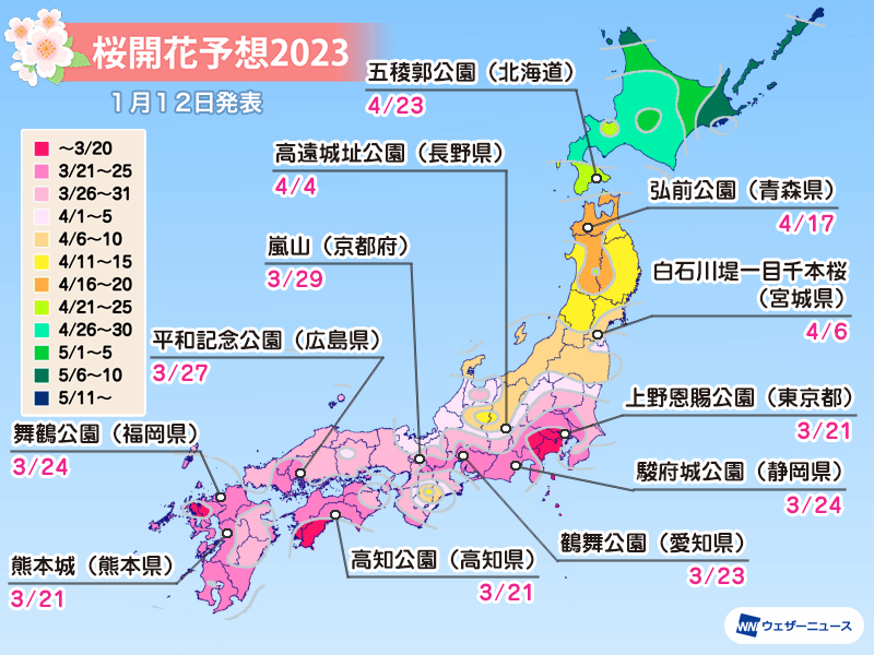 2023年第一回 桜開花予想 全国トップは東京で3月20日　各地とも平年並みか早い予想