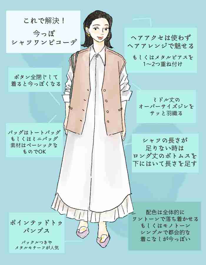 流行の「シャツワンピ」で“ちょい古”に見えてる人の特徴。今っぽく着るコツは