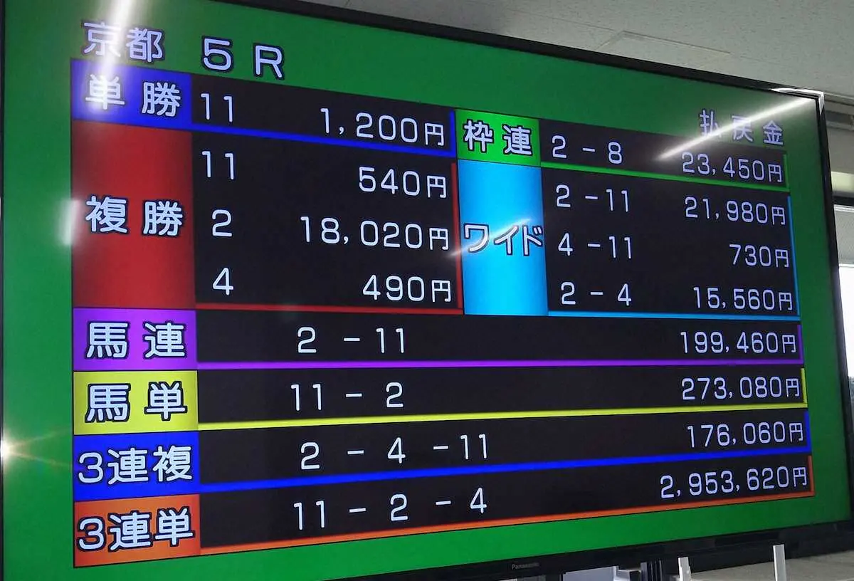 【京都5R】複勝1万8020円！！　ニホンピロパークス激走2着でJRA歴代最高配当― スポニチ Sponichi Annex ギャンブル
