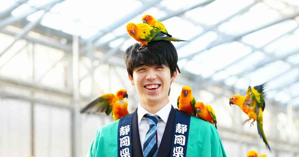 藤井王将にインコが手荒い祝福？　王将戦第1局「勝者の記念撮影」 | 毎日新聞