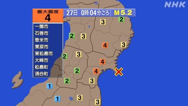 【地震】宮城県北部と中部で震度4